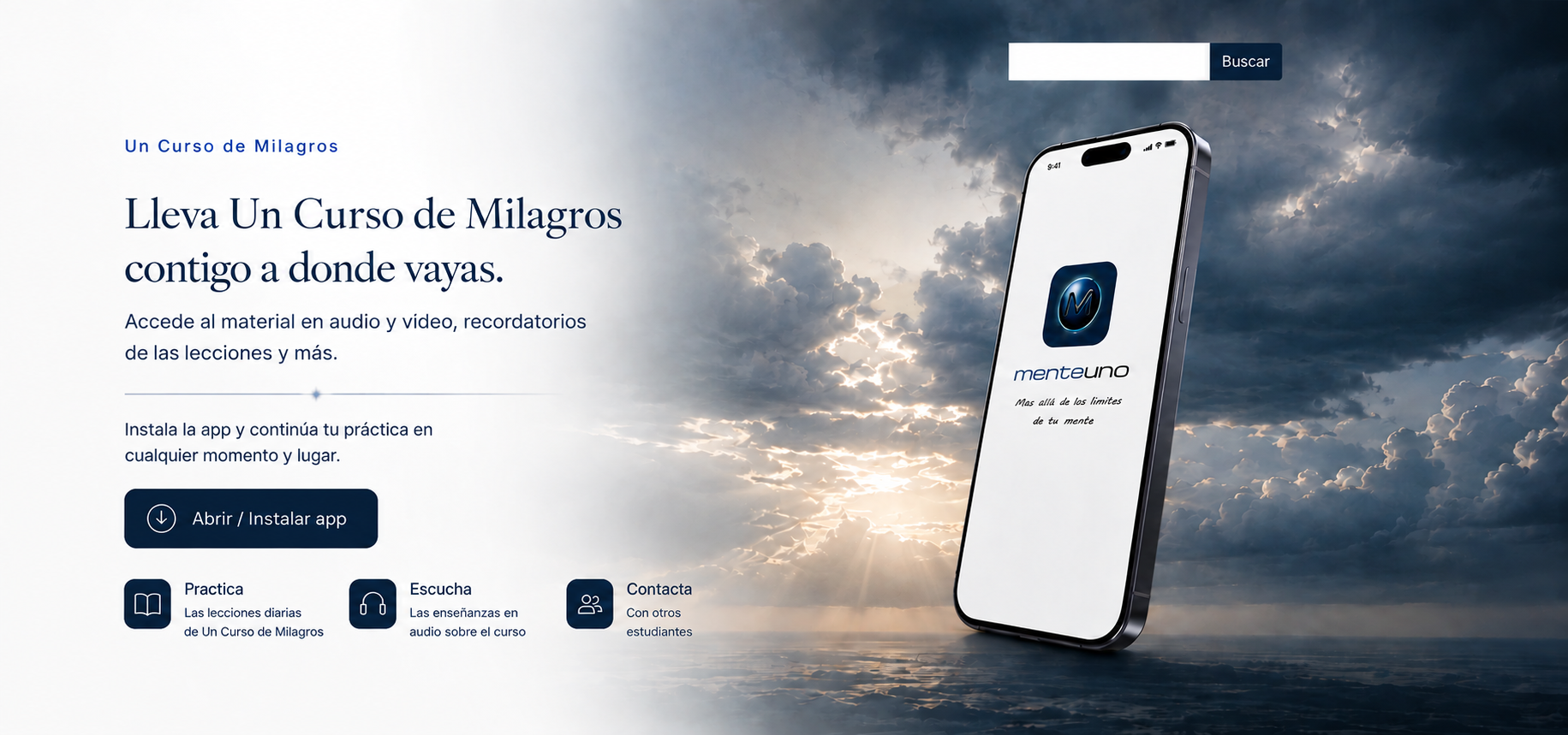 App Mente Uno: lleva Un Curso de Milagros contigo. Accede al material en audio y vídeo y a recordatorios de las lecciones. Instala la app para practicar, escuchar enseñanzas y contactar con otros estudiantes.
